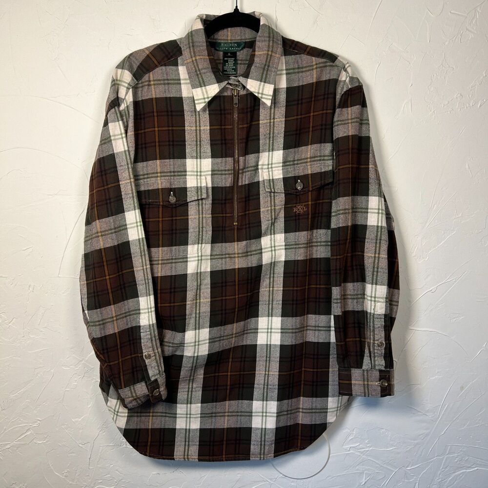 Lauren Ralph Lauren Plaid Quarter‎ Zip Flannel Shirt Brown Green Preppy Size L